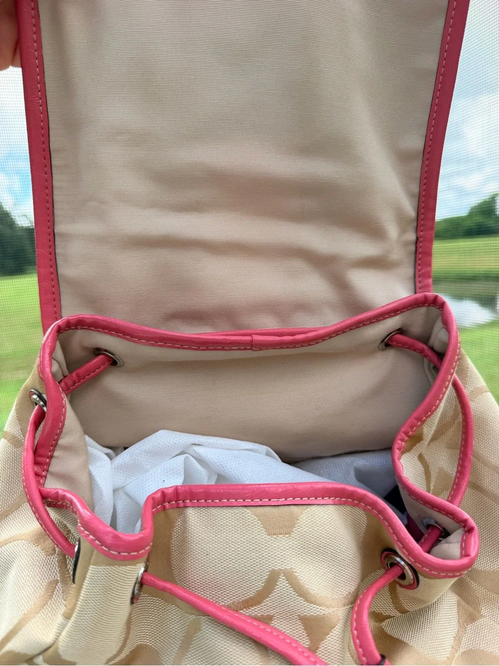 Coach F21928 Signature Stripe Backpack Khaki Pink Coral Y2K Jacquard